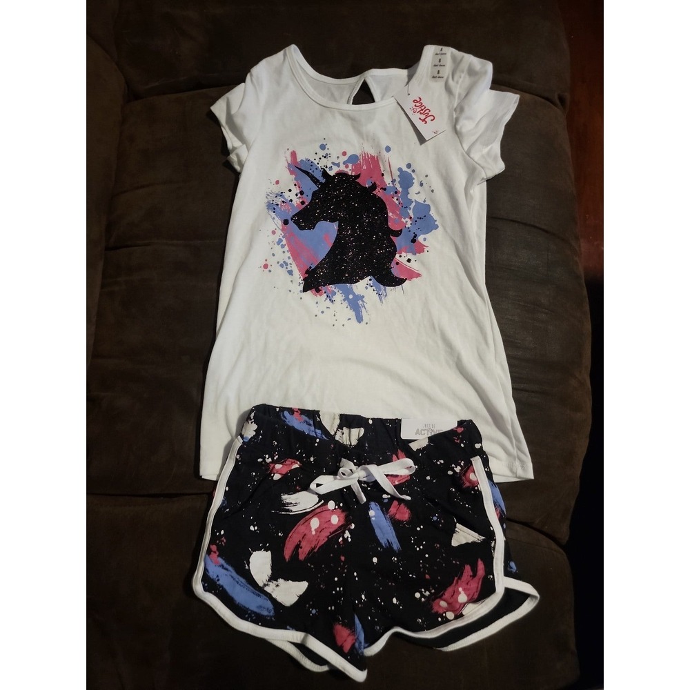 Justice unicorn paint splatter top size 8 dolphin shorts size‎ 7 nwt